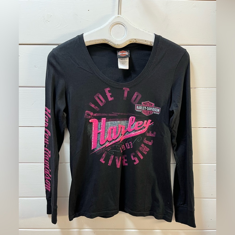 HARLEY-DAVIDSON Black Pink Graphic Long Sleeve Tee – Size M